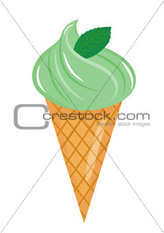 Ice Cream cone with mint icon flat cartoon style. Isolated on white background. Vector illustration, clip art