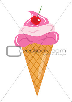 Ice Cream cone with cherries icon flat cartoon style. Isolated on white background. Vector illustration, clip art