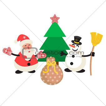 Santa Claus and Snowman cartoon vector illustration.