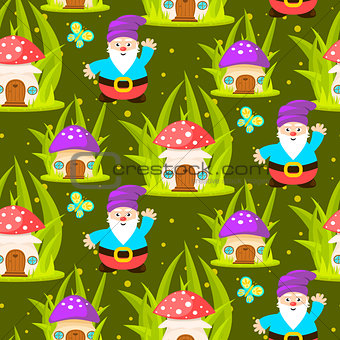 Forest mushroom home and gnomes seamless pattern.