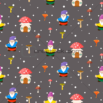 Mushroom home and gnomes seamless pattern.