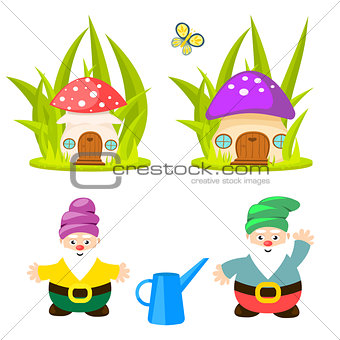 Forest gnomes and mushroom houses vector.