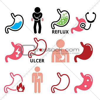 Stomach disease- reflux, ulcer vector icons set