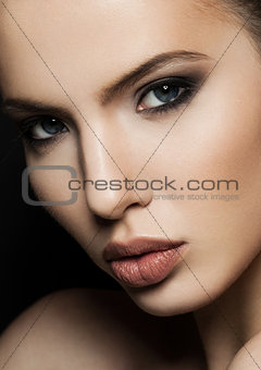 Beautiful woman model portrait with red lips closeup