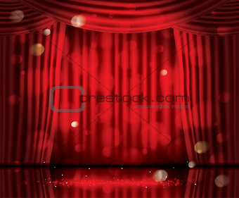 Open Red Curtains with Neon Lights and Copy Space.