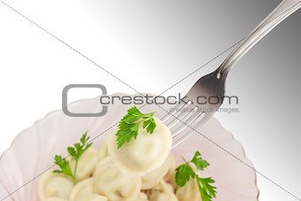 Pelmeni on fork on background of dish with pelmeni