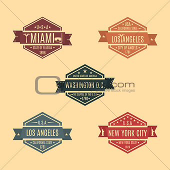 Set hexagonal emblem with the name of US cities, vector illustration.