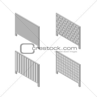 A set of isometric spans fences, vector illustration.