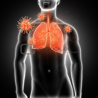 3D medical male figure with lungs highlighted and virus cells