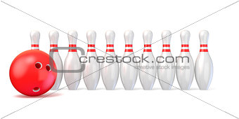 Bowling pins lined and bowling ball. 3D