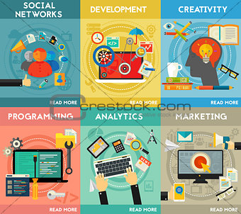 Flat concept banners. Programming, Analytics, Marketing, Social Networks, Development, Creativity