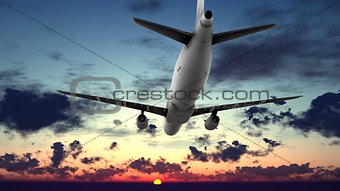 Generic jet airliner in a beautiful cloudy sky 3d rendering