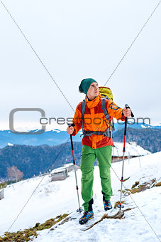 hiker in the winter mountains