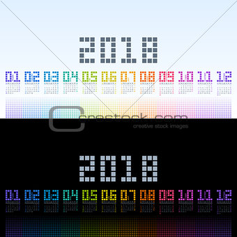 Calendar 2018 template with rainbow digital text. Vector EPS10.