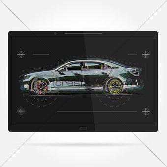 Vector illustration template. Tablet with a picture of the car.