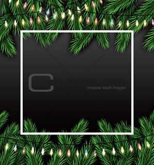 Christmas Card with Fir Branches, Neon Garland and White Frame.