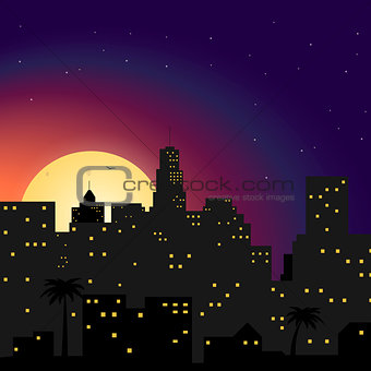 City at night with yellow moon