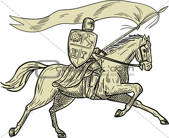 Knight Riding Horse Shield Lance Flag Drawing