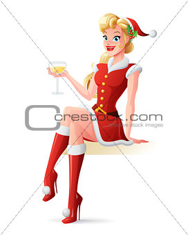 Vector beautiful woman in Santa outfit toasting with champagne.