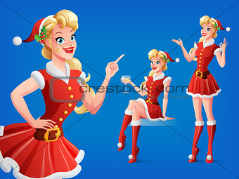 Pretty woman in Santa outfit in various poses. Vector set.