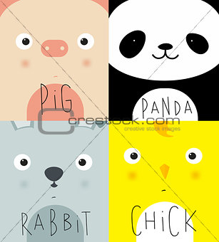 Animal muzzles pig, panda, rabbit, chick