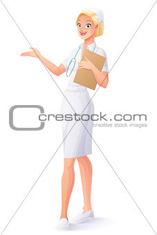 Vector medical nurse in uniform with clipboard and stethoscope presenting.