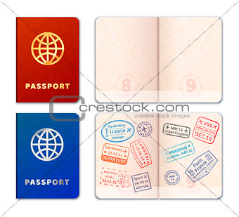 Blue and red realistic passport icons with stamp imprints isolated on white