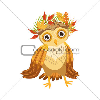 Owl Wearing Leaf Wreath Cute Cartoon Character Emoji With Forest Bird Showing Human Emotions And Behavior