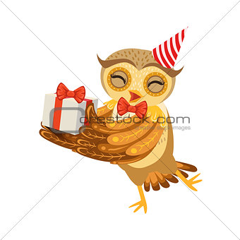 Owl And Birthday Present Cute Cartoon Character Emoji With Forest Bird Showing Human Emotions And Behavior