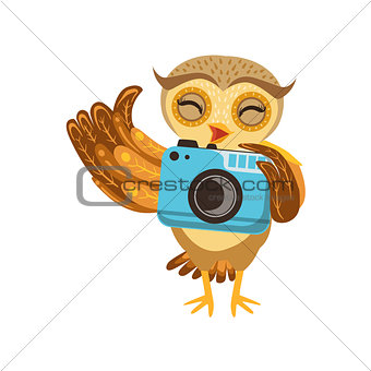 Tourist Owl With Camera Cute Cartoon Character Emoji With Forest Bird Showing Human Emotions And Behavior