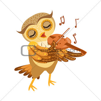 Owl Playing Violin Cute Cartoon Character Emoji With Forest Bird Showing Human Emotions And Behavior