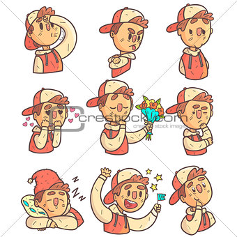 Boy In Cap And College Jacket Collection Of Hand Drawn Emoticon Cool Outlined Portraits