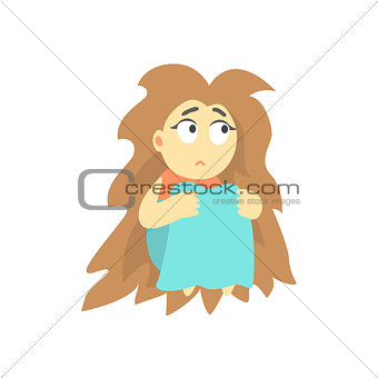 Sad Girl With Bushy Hair Sitting Feeling Blue, Part Of Depressed Female Cartoon Characters Series