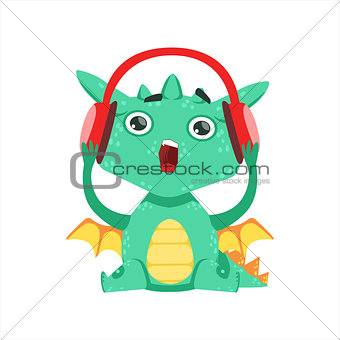 Little Anime Style Baby Dragon Listening To Music With Headphones Cartoon Character Emoji Illustration