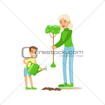 Woman Teaching Kid To Plant The Tree , Contributing Into Environment Preservation By Using Eco-Friendly Ways Illustration