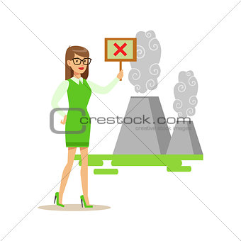 Woman With Sign Protesting Air Pollution , Contributing Into Environment Preservation By Using Eco-Friendly Ways Illustration