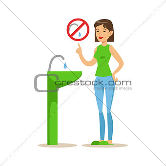 Woman Showing Not To Vaste Water , Contributing Into Environment Preservation By Using Eco-Friendly Ways Illustration