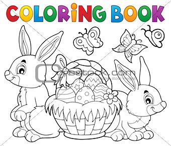 Coloring book Easter basket and rabbits