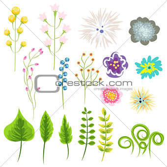 Wild flower and leaves vector set clip art.