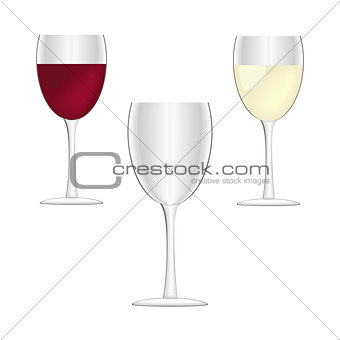 Wine glasses - empty, red wine and white wine.