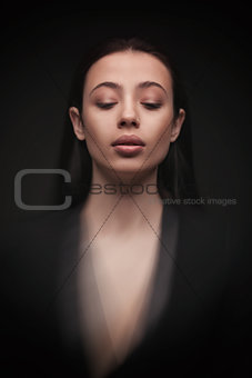 portrait young elegant woman in black jacket