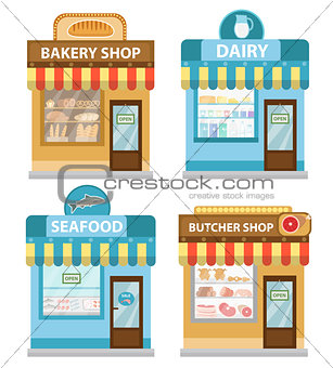 Stores building set, flat style. Shop collection isolated on white background. Fish products, meat, dairy, bakery. Vector illustration, clip art.
