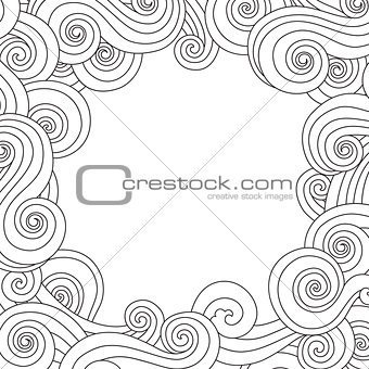 Abstract hand drawn frame, border with outline sea wave background isolated on white.