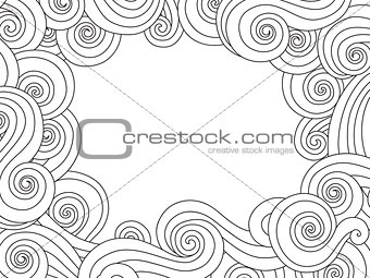 Abstract hand drawn frame, border with outline sea wave background isolated on white. Horizontal composition.