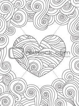Coloring page with heart and wave curly ornament.