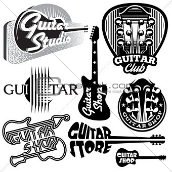 vector set of monochrome templates for logo on the theme of music and guitar
