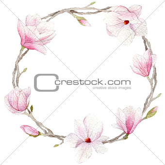 spring watercolor magnolia wreath. blossoms hand drawn elements for wedding or greeting card.