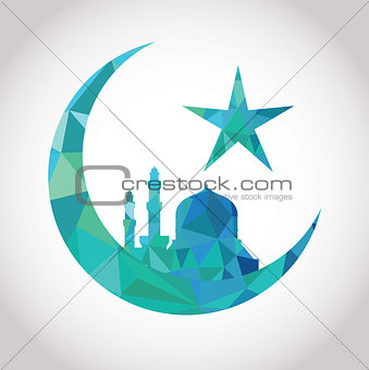 Colorful mosaic design - Mosque and Big Crescent moon, blue color