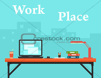 work place on business office and city silhouette