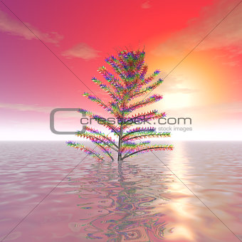 The mysterious tree in the ocean at sunset